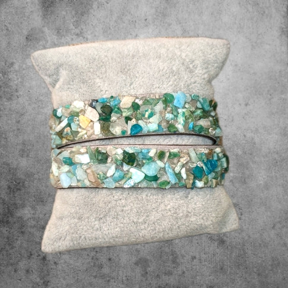 C1 Unique Natural Gemstone Double Wrap Bracelet Aqua Seafoam Green Mint Blue - Picture 16 of 17